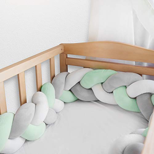 Navaris Protector para cuna de bebé - Trenza chichonera para bordes de cama - Cojín trenzado de 200 CM - Almohada con nudos - Verde blanco y gris