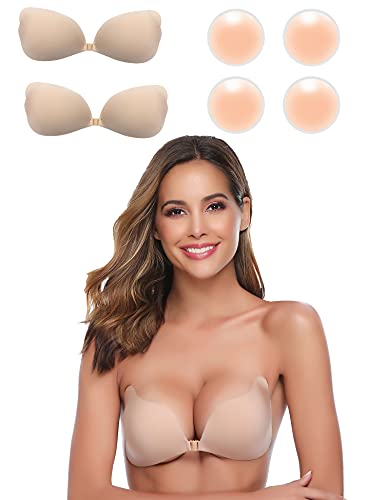 NewPI Mujeres Sujetador Adhesivo Silicona Invisible Push Up Gel Reutilizable, Bra Invisible Sexy Ajustable (Beige+Beige, C)