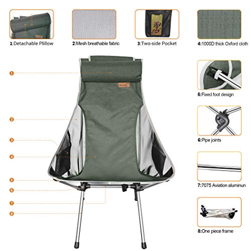 Nice C Silla De Camping Plegable Ultraligera con Respaldo Alto, Actualización con Almohada Extraíble, Bolsillo Lateral Y Bolsa De Transporte, Camping (Juego De 2 Verdes)