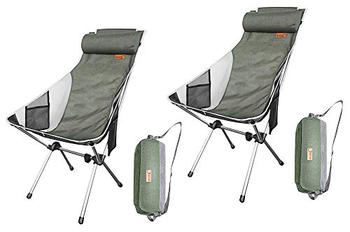 Nice C Silla De Camping Plegable Ultraligera con Respaldo Alto, Actualización con Almohada Extraíble, Bolsillo Lateral Y Bolsa De Transporte, Camping (Juego De 2 Verdes)