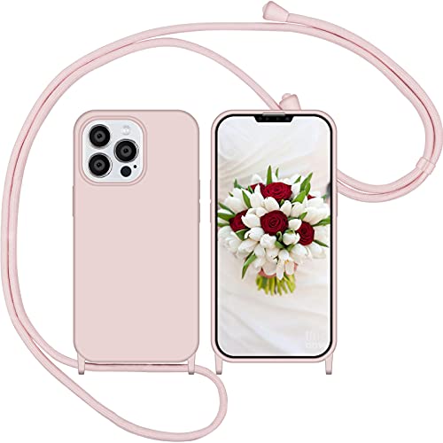 Nupcknn Funda Silicona con Cuerda para iPhone 13 Pro, Carcasa Suave Silicona Case con Correa Colgante Ajustable Collar Correa de Cuello Cadena Cordón 1.5M(Oro Rosa)