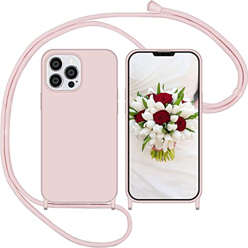 Nupcknn Funda Silicona con Cuerda para iPhone 13 Pro MAX, Carcasa Suave Silicona Case con Correa Colgante Ajustable Collar Correa de Cuello Cadena Cordón 1.5M(Oro Rosa)