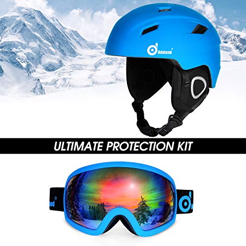 Odoland Kit de Casco Esquí con Gafas Esquí, Casco Snowboard para Adultos Jóvenes Niño, Protección UV 400 y a Prueba de Viento, Casco Deportivo para Esquí Snowboard y Patinaje, Azul, S:50-53cm