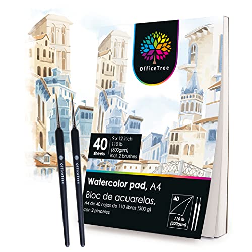 OfficeTree Papel de Acuarela A4-40 Hojas 300 gr/m2 - Bloc de Dibujo para Acuarela - Papel para Acuarelas y Pintar - Incluyendo 2 Pinceles