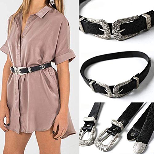 Ogquaton - Cinturón de piel sintética con hebilla para mujer, diseño de vaquera occidental, dos cabezales, hebilla plateada, para mujer, casual, 2 duradero y útil