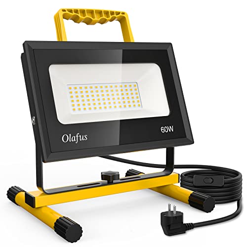 Olafus 60W 6000LM Focos LED Exterior con Enchufe y Cable Foco LED Trabajo 5000K Blanco Frío IP66 Impermeable, Work Lamp Floodlight LED para Zona de Construcción, Remodelación Hogar, Garaje