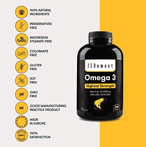 Omega-3 Aceite de Pescado Salvaje | 1000 mg x 200 Perlas | Máxima concentración: 35% EPA + 25% DHA | Favorece la salud cardiovascular, de las articulaciones, y la función cerebral | 100% Natural