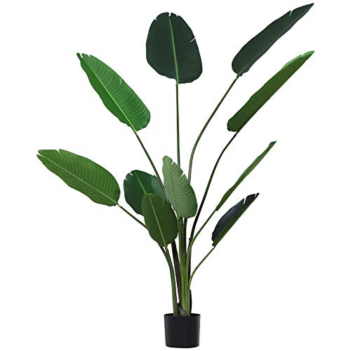 Outsunny Planta de Decoración Artificial de Palma Árbol Realista con Maceta 10 Hojas Ф18x180cm para Exterior e Interior No Requiere Instalación
