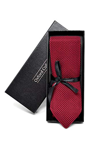 Oxford Collection Corbata de hombre Rojo Burdeos de Punto - 100% Seda - Clásica, Elegante y Moderna - (ideal para un regalo, una boda, con un traje, en la oficina.)