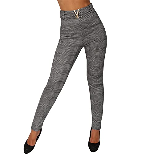 P8405 - Pantalones térmicos para mujer, cintura alta, diseño de cuadros, Gris 78077, L
