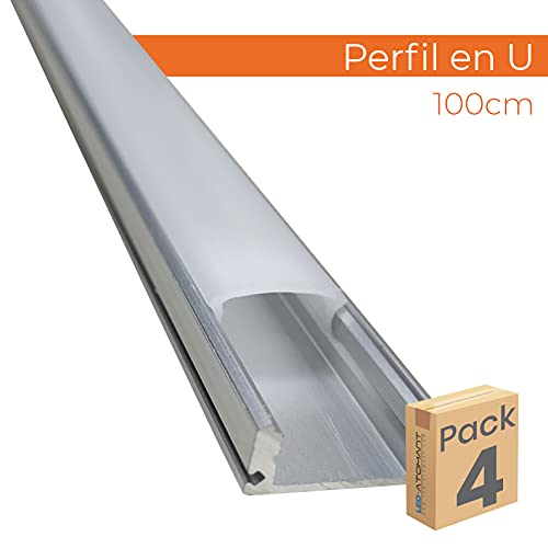 Pack 4x Perfil de Aluminio para Tira LED con Cubierta Blanca Lechosa. Los tapones de los extremos y los clips de montaje de metal están incluidos en el Pack.