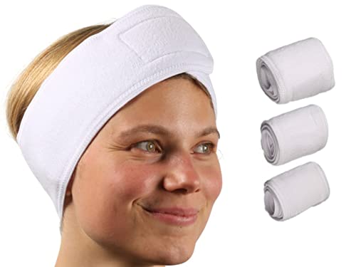 Pack de 3 Diademas Lavables Blancas y Reutilizables de Felpa Absorbente Suave con extra Velcro para Todos los Tamaños de Cabeza. Banda de pelo mujer.