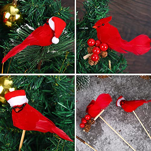 Pájaros cardenales rojos artificiales, 6 plumas de simulación pájaros de espuma con clip de metal plumas de espuma de simulación pájaros del amor pájaros cardenal de Navidad con palo de madera clip