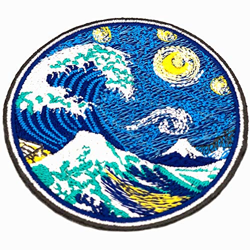 Parche Termoadhesivo para la Ropa, la Gran ola de Kanagawa con Noche Estrellada Van Gogh. Parches bordados grandes de tela japonesa térmicos -100% Bordado