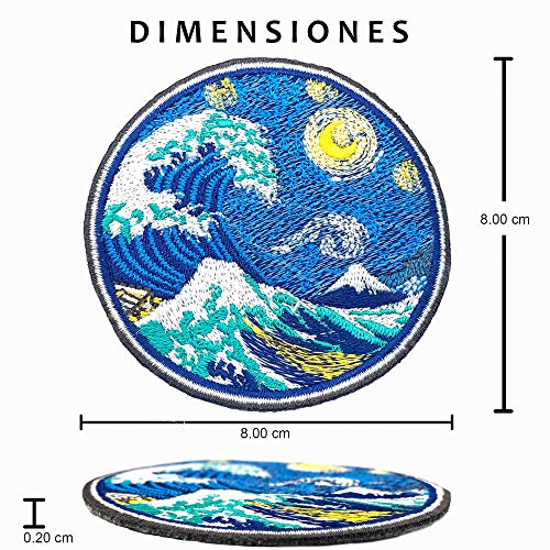 Parche Termoadhesivo para la Ropa, la Gran ola de Kanagawa con Noche Estrellada Van Gogh. Parches bordados grandes de tela japonesa térmicos -100% Bordado