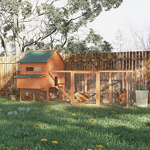 Pawhut Gallinero de Exterior Madera Jaula para Gallinas Pollos con Recinto Corredor 2 Nidos y Bandeja Extraíble para Jardín 347x160x150 cm Naranja