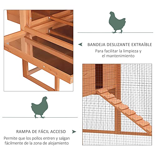 Pawhut Gallinero de Exterior Madera Jaula para Gallinas Pollos con Recinto Corredor 2 Nidos y Bandeja Extraíble para Jardín 347x160x150 cm Naranja