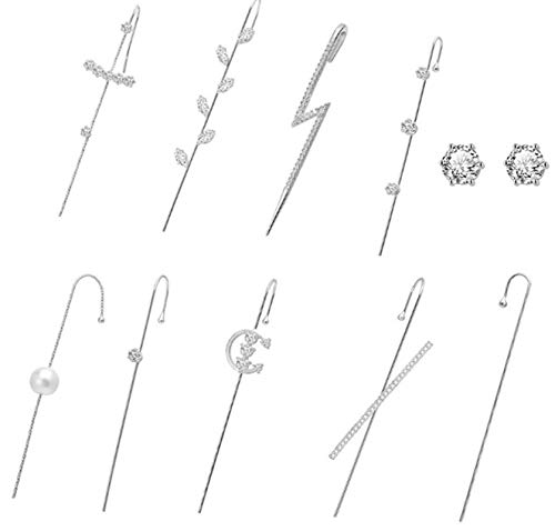 Pendientes de gancho de oruga de 11 piezas para mujer, pendientes únicos, pendientes largos de gancho de oruga, conjunto de pendientes de oruga, joyería de diamantes de imitación (plata)