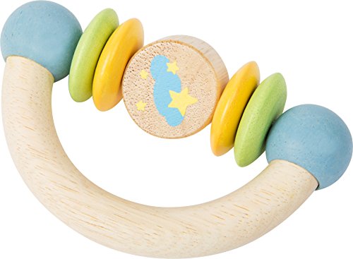 Pequeño pie bebé 10514 de madera de juguete en forma de media luna con elementos giratorios de colores pastel y el diseño de la dulce oveja "Lotta", hecho de material resistente a la saliva y colorido