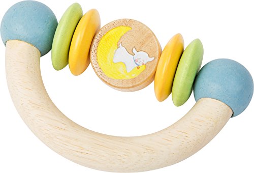 Pequeño pie bebé 10514 de madera de juguete en forma de media luna con elementos giratorios de colores pastel y el diseño de la dulce oveja "Lotta", hecho de material resistente a la saliva y colorido