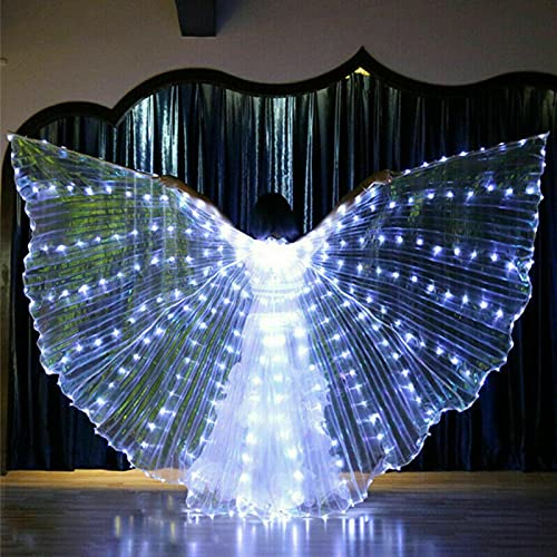 POHOVE Luces LED Isis Wings Led Belly Dance Wings Glow Up Disfraces de danza del vientre con palo telescópico para Halloween, espectáculos de escenario (blanco)