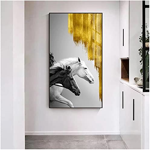 Póster abstracto dorado con estampado de caballo blanco y negro, lienzo de lujo, arte Pop Animal, cuadro artístico de pared para sala de estar, pintura de entrada