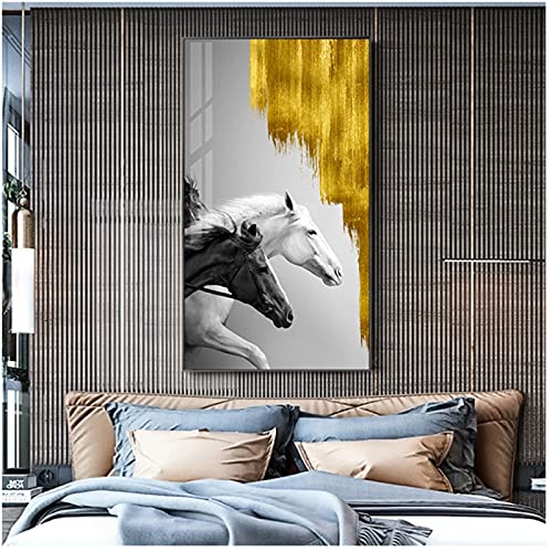 Póster abstracto dorado con estampado de caballo blanco y negro, lienzo de lujo, arte Pop Animal, cuadro artístico de pared para sala de estar, pintura de entrada
