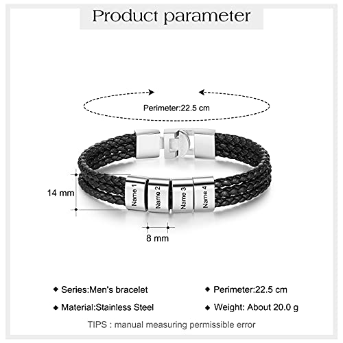 Pulsera Personalizada para Hombre con 1-8 Nombre Grabado Plata Cuentas Cuero Trenzado Pulsera padre Amigo Hijo Regalo para el Día de San Valentín Día de los Padres (4 Nombre)