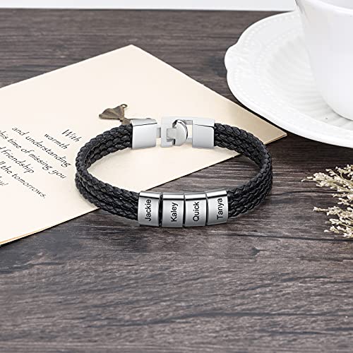 Pulsera Personalizada para Hombre con 1-8 Nombre Grabado Plata Cuentas Cuero Trenzado Pulsera padre Amigo Hijo Regalo para el Día de San Valentín Día de los Padres (4 Nombre)