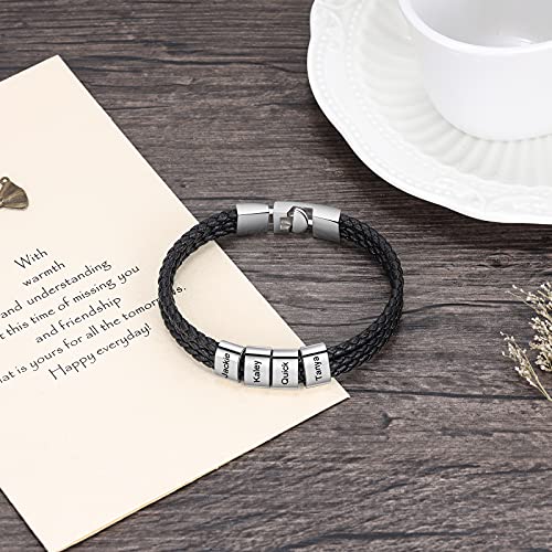 Pulsera Personalizada para Hombre con 1-8 Nombre Grabado Plata Cuentas Cuero Trenzado Pulsera padre Amigo Hijo Regalo para el Día de San Valentín Día de los Padres (4 Nombre)