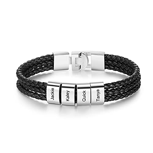 Pulsera Personalizada para Hombre con 1-8 Nombre Grabado Plata Cuentas Cuero Trenzado Pulsera padre Amigo Hijo Regalo para el Día de San Valentín Día de los Padres (4 Nombre)