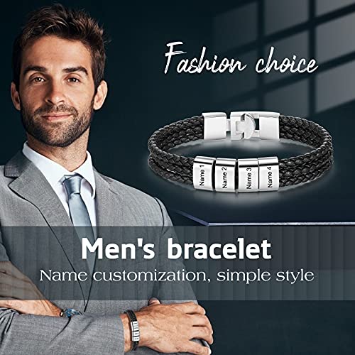 Pulsera Personalizada para Hombre con 1-8 Nombre Grabado Plata Cuentas Cuero Trenzado Pulsera padre Amigo Hijo Regalo para el Día de San Valentín Día de los Padres (4 Nombre)