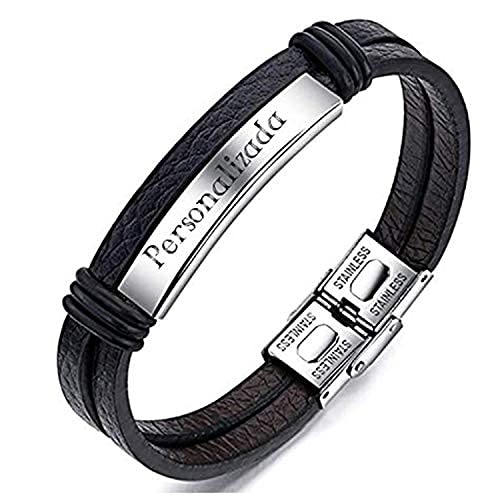 Pulseras Personalizadas Para Hombre y Mujer - Grabado en Diamante Pulseras Personalizables de Acero Inoxidable y Cuero Regalo Nombre (SILVER)