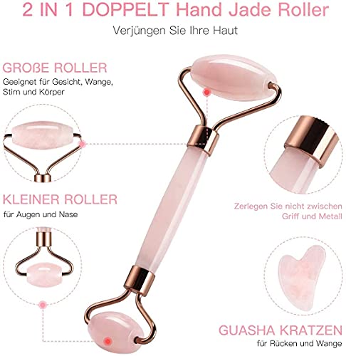 Quartz Jade Roll, Gua Sha Jade Roller Authentic Massager, Natural Roller Anti Aging Facial Massage, Anti Aging Eye, Face and Neck Anti Wrinkle, Face Stone Massage (Rodillo rosa PINK)
