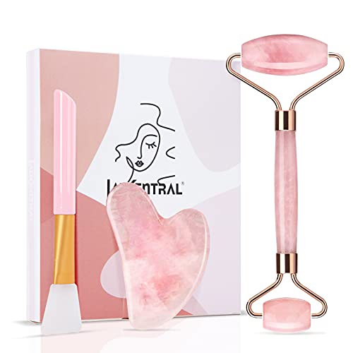 Quartz Jade Roll, Gua Sha Jade Roller Authentic Massager, Natural Roller Anti Aging Facial Massage, Anti Aging Eye, Face and Neck Anti Wrinkle, Face Stone Massage (Rodillo rosa PINK)