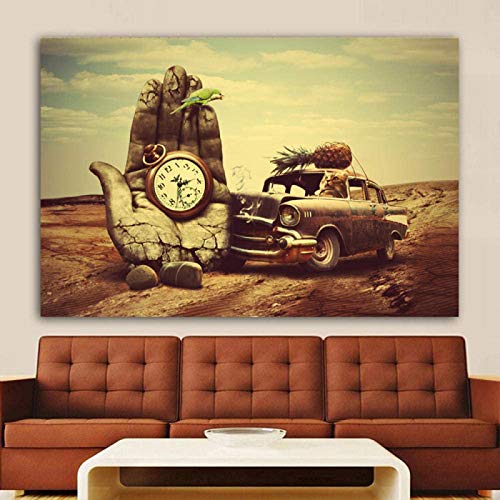 QWEWQE Lienzo pintado para pared, arte clásico Salvador Dali, reloj, coche, piña y papagayo, impresión artística de pared, cuadro moderno para salón o dormitorio (sin marco, 30 x 40 cm)