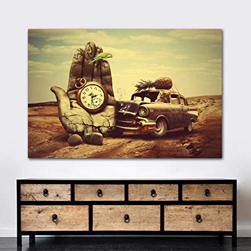 QWEWQE Lienzo pintado para pared, arte clásico Salvador Dali, reloj, coche, piña y papagayo, impresión artística de pared, cuadro moderno para salón o dormitorio (sin marco, 30 x 40 cm)