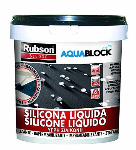 Rubson Aquablock SL3000 Silicona Líquida negra, impermeabilizante líquido para prevenir y reparar goteras y humedades, silicona elástica con tecnología Silicotec, 1 x 5 kg