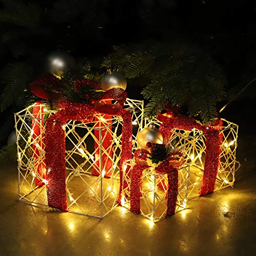 SALCAR Caja de regalo decorativa LED set de 3 piezas, 20/14 / 10 cm, Cajas luminosas de decoración navideña con 8 modos - Blanco cálido