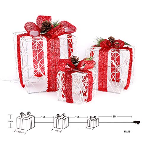 SALCAR Caja de regalo decorativa LED set de 3 piezas, 20/14 / 10 cm, Cajas luminosas de decoración navideña con 8 modos - Blanco cálido