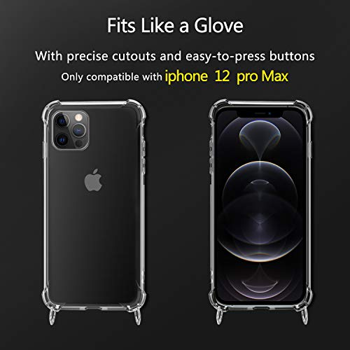 SAMCASE Funda con Cuerda para iPhone 12 Pro MAX 6.7'', Carcasa Transparente TPU Suave Silicona Case con Correa Colgante Ajustable Collar Correa de Cuello Cadena Cordón - Negro