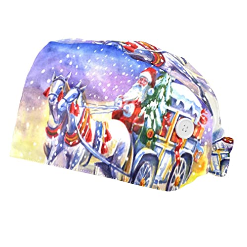 Santa Claus en un carruaje con caballo, paquete de 2 gorras de trabajo ajustables con botones elásticos Bouffant Sombreros con banda para el sudor para mujeres y hombres