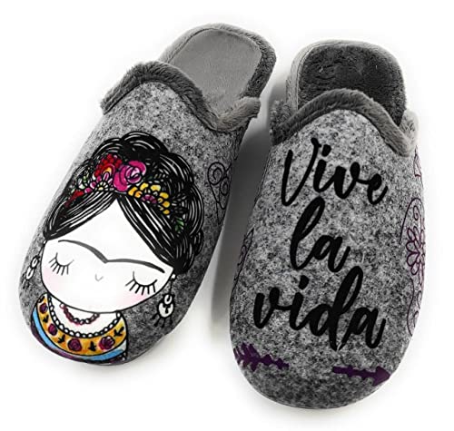 Sevillas - Zapatillas Mujer Casa Fantasía Invierno | Chinela Juvenil Dibujos Plana Abiertas y de Calidad Hechas en España - Antideslizante (Frida Kahlo, Numeric_36)