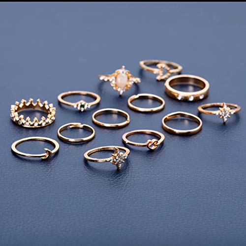 Simsly - Conjunto de 12 anillos de nudillos dorados de estilo bohemio y vintage con cristales, para mujeres y niñas