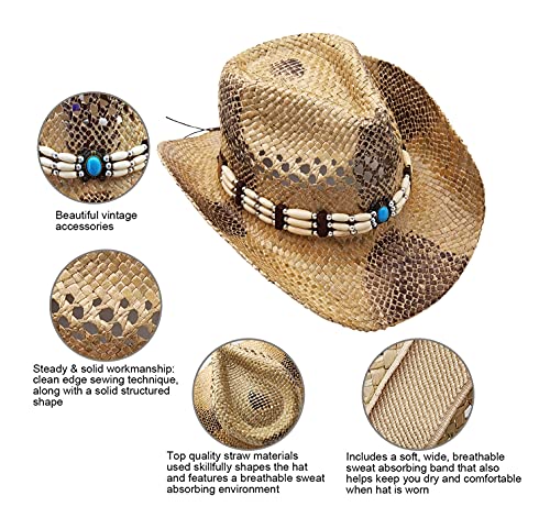Sombrero de Cowboy de Paja Vaquero Panamá con Banda Occidental Unisex Talla Única Hombre Mujer para Verano (XH-122)