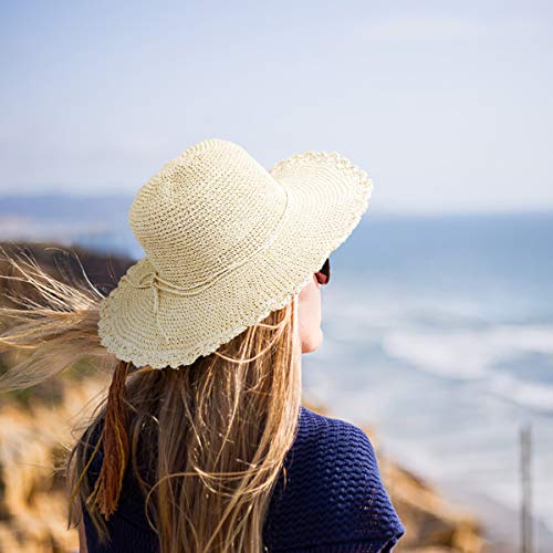 Sombrero de Paja para Mujer Plegable Bohemia Verano Sun Floppy Mujer Sombrero de la Playa del Borde Suave Transpirable Grande Ancho Cap para Viajes Vacaciones Beige