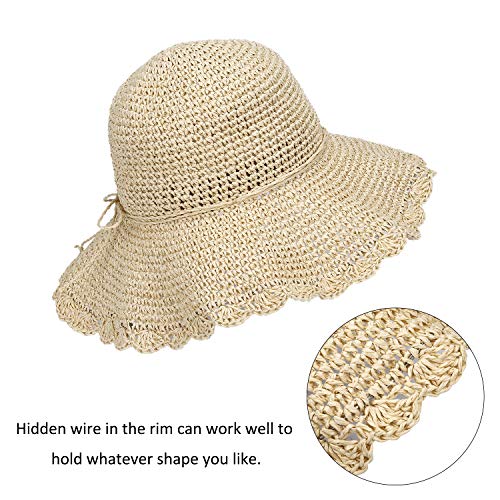 Sombrero de Paja para Mujer Plegable Bohemia Verano Sun Floppy Mujer Sombrero de la Playa del Borde Suave Transpirable Grande Ancho Cap para Viajes Vacaciones Beige