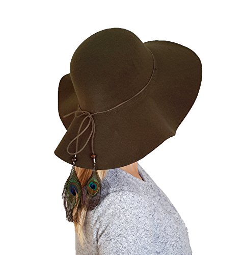 Sombrero mujer fieltro vintage ala ancha con lazo y pluma pavo real, oliva