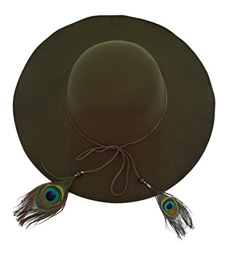 Sombrero mujer fieltro vintage ala ancha con lazo y pluma pavo real, oliva