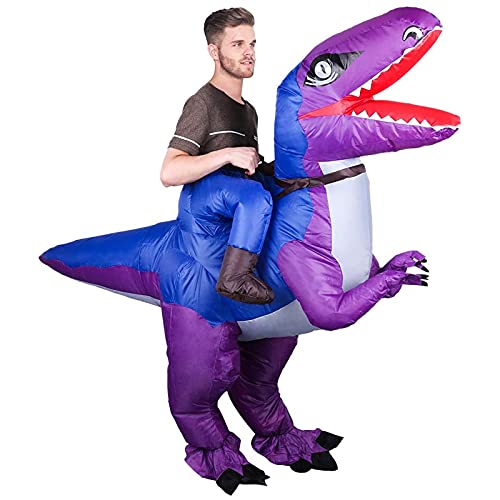 SOSPIRO Disfraz hinchable T-rex de dinosaurio Tyrannosaurus Rex divertido vestido mono con cable USB para Halloween, fiestas, cumpleaños, carnaval, adultos, mujeres, hombres, púrpura